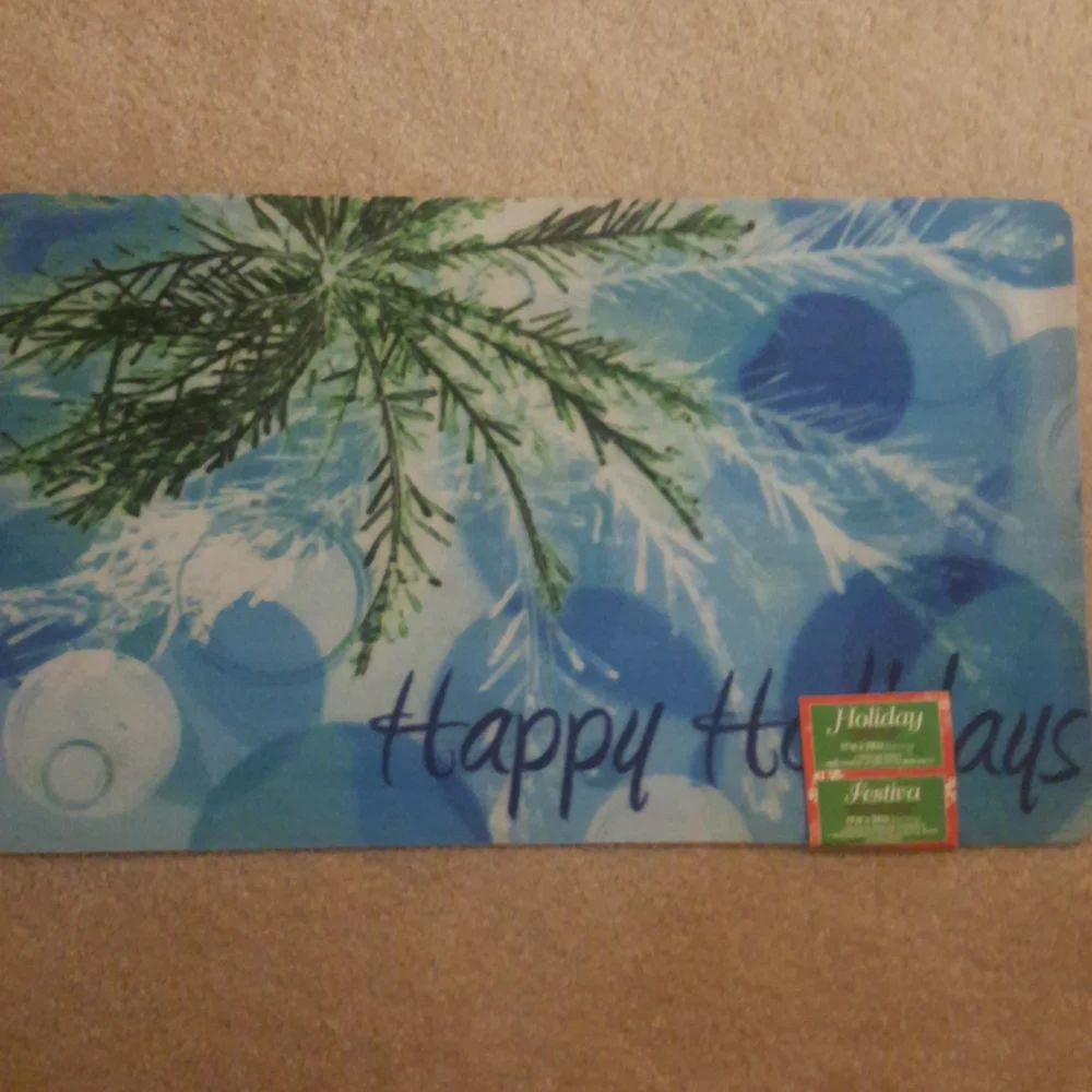 Happy Holiday blue and white Accent mat 17 in x 29 in new w tags.